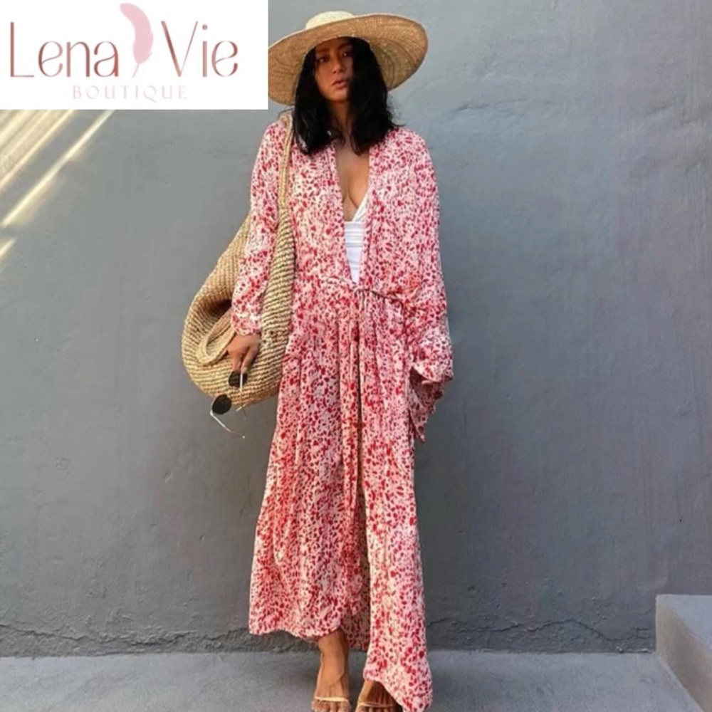 Palie Pink Leopard Long Cotton Kimono Duster, Leopard Beach Maxi Coverup, S-3X - Picture 7 of 10